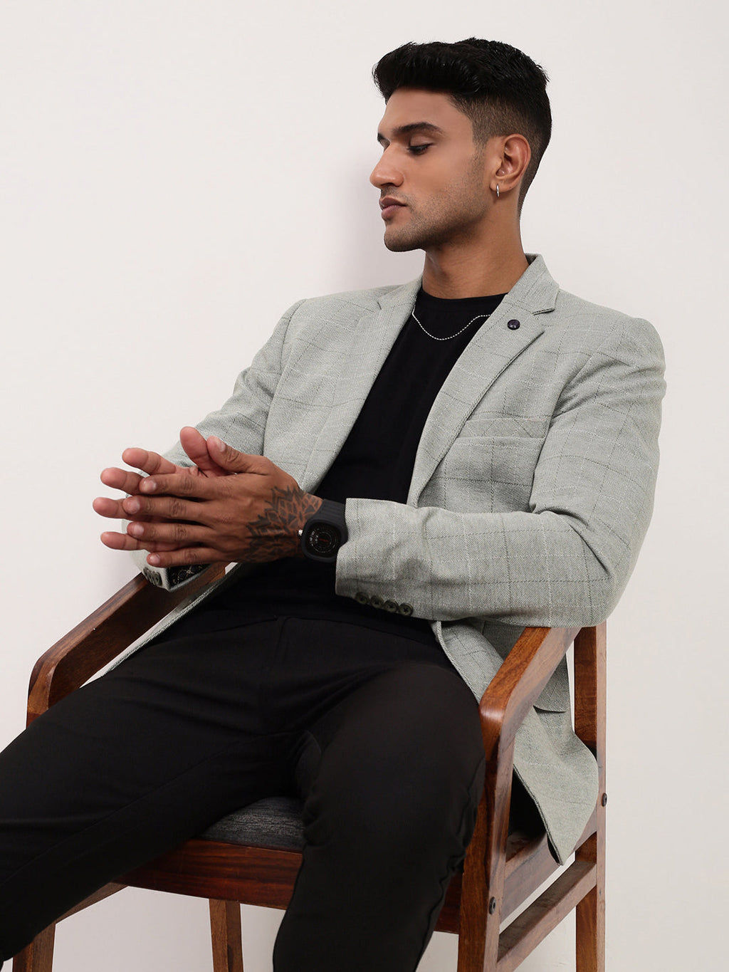 Men's Grey Checked Single Breasted Slim-Fit Blazer