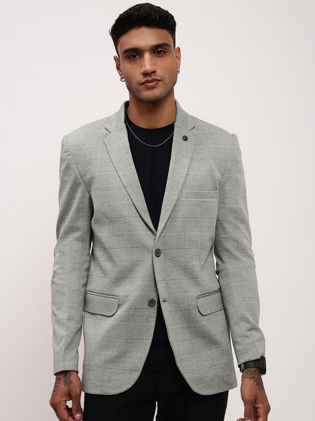 Men's Grey Checked Single Breasted Slim-Fit Blazer
