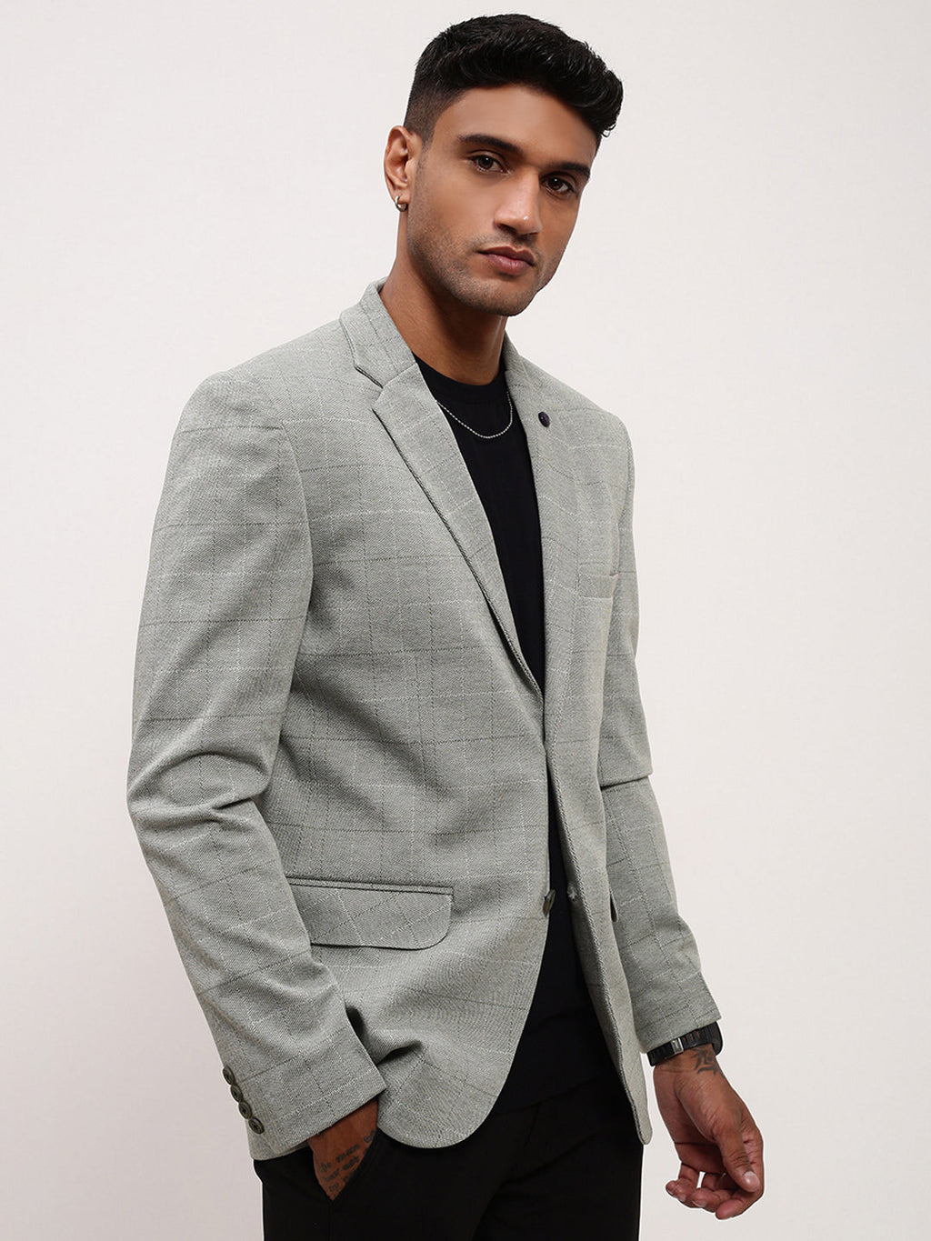 Men's Grey Checked Single Breasted Slim-Fit Blazer