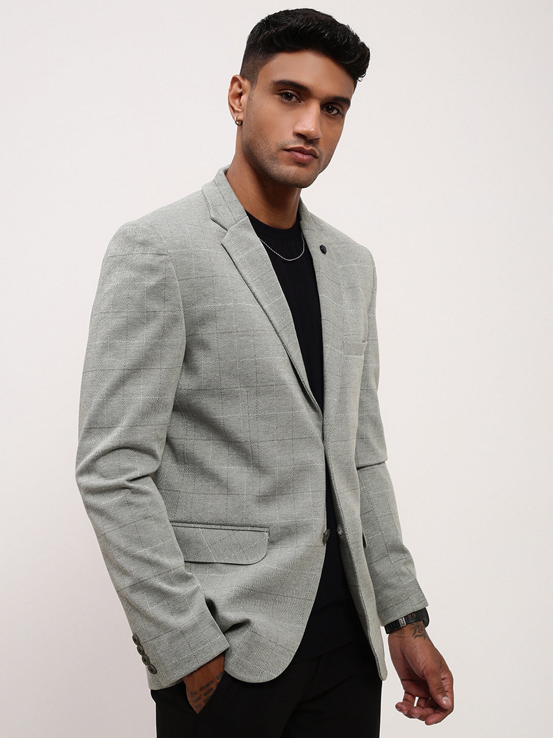 Men's Grey Checked Single Breasted Slim-Fit Blazer