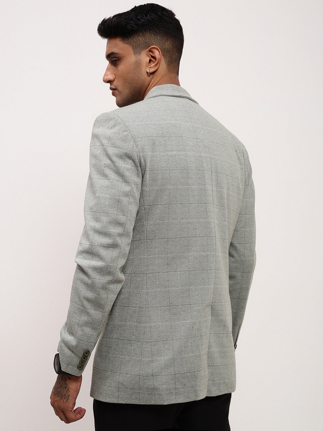 Men's Grey Checked Single Breasted Slim-Fit Blazer