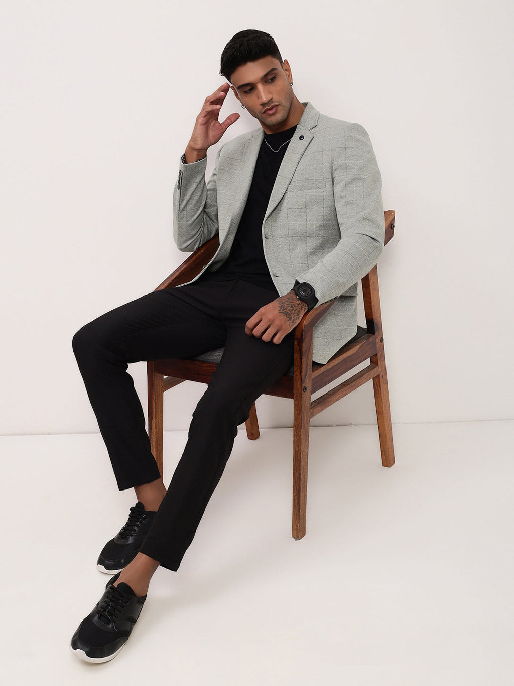 Men's Grey Checked Single Breasted Slim-Fit Blazer