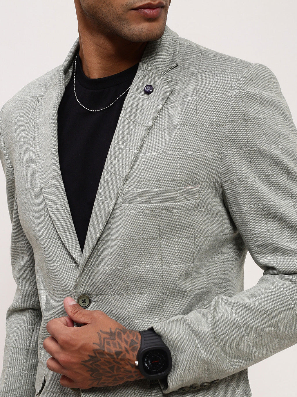 Men's Grey Checked Single Breasted Slim-Fit Blazer