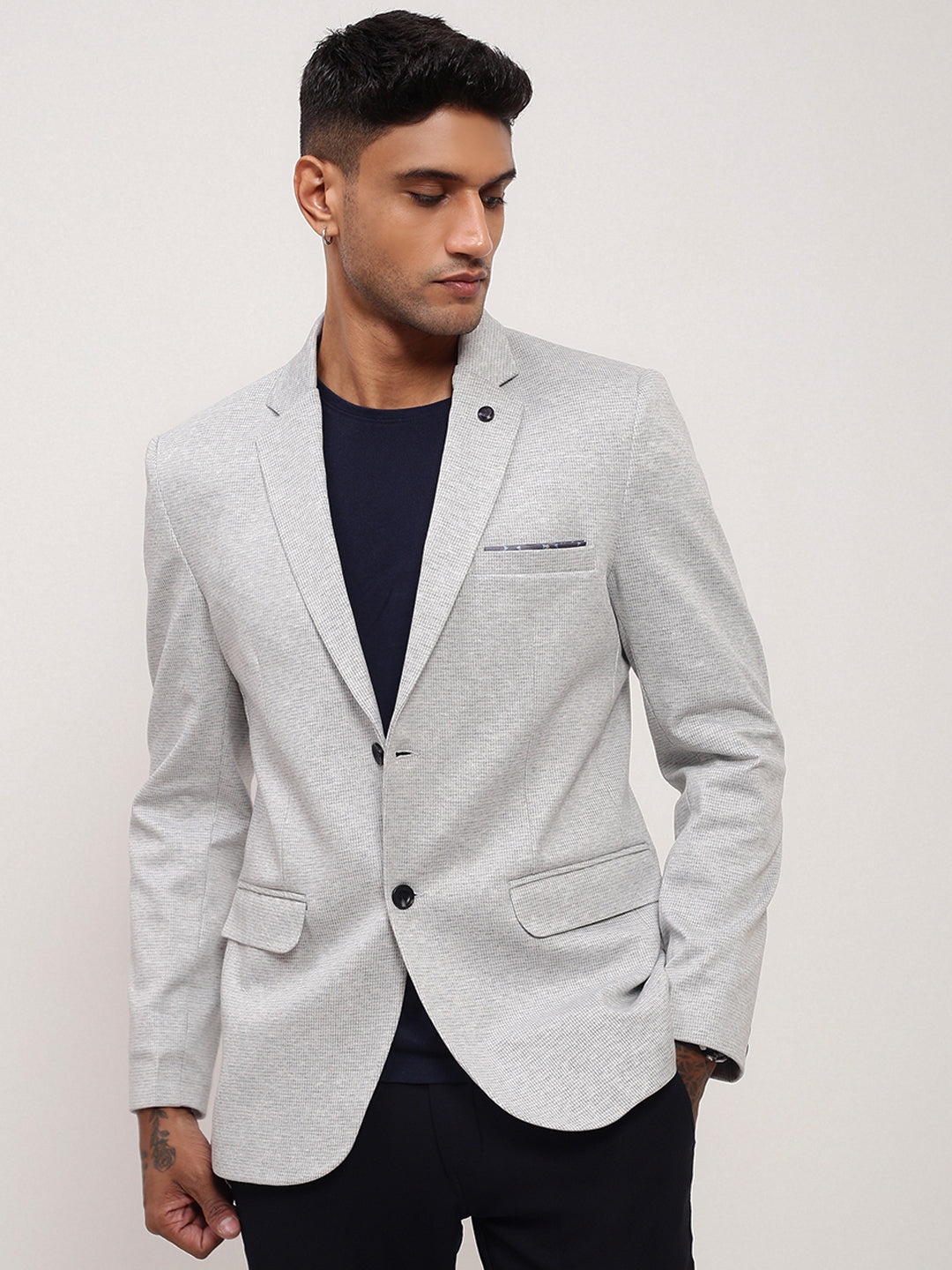 Men's Grey Solid Single Breasted Blazer