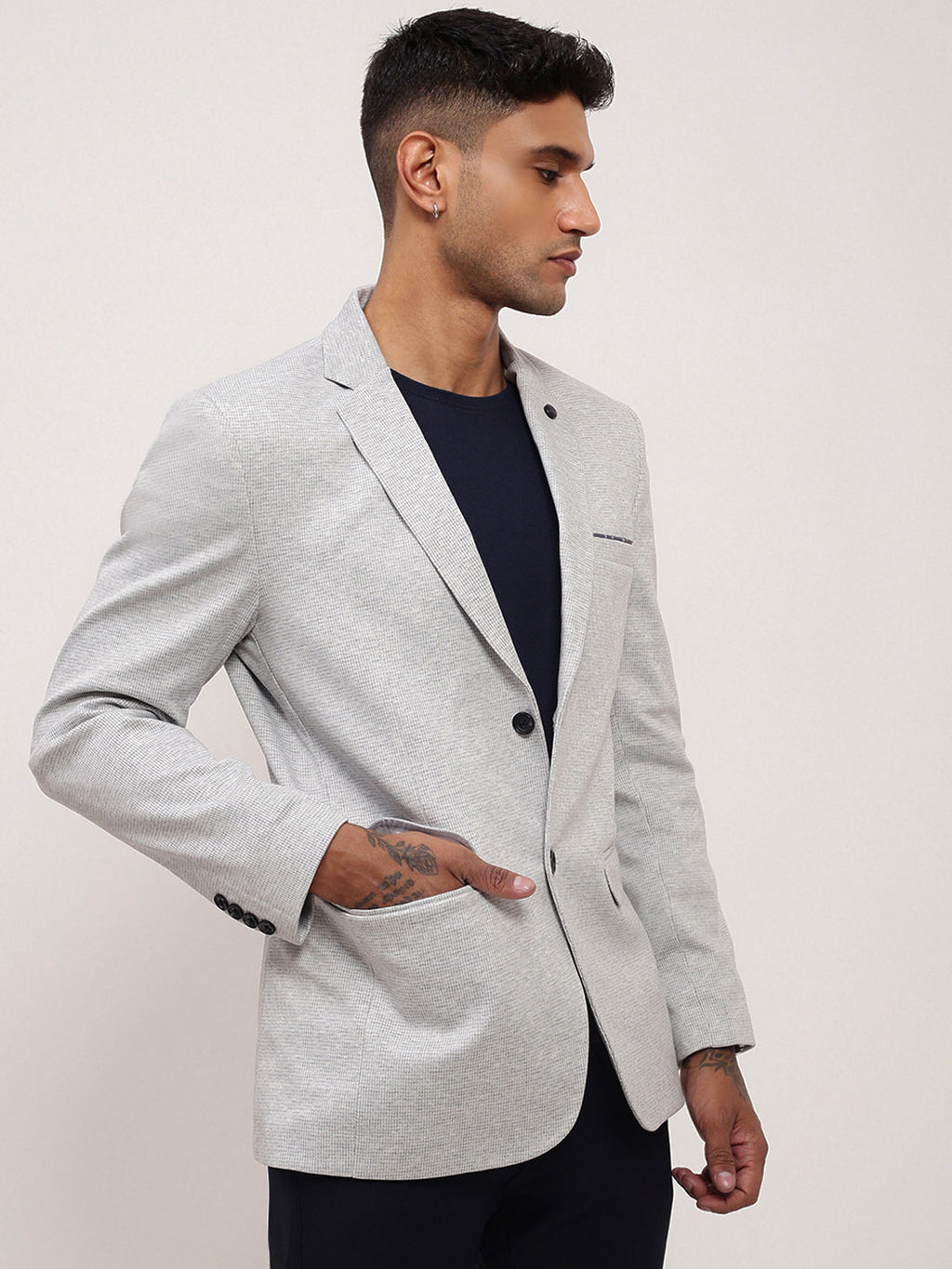 Men's Grey Solid Single Breasted Blazer