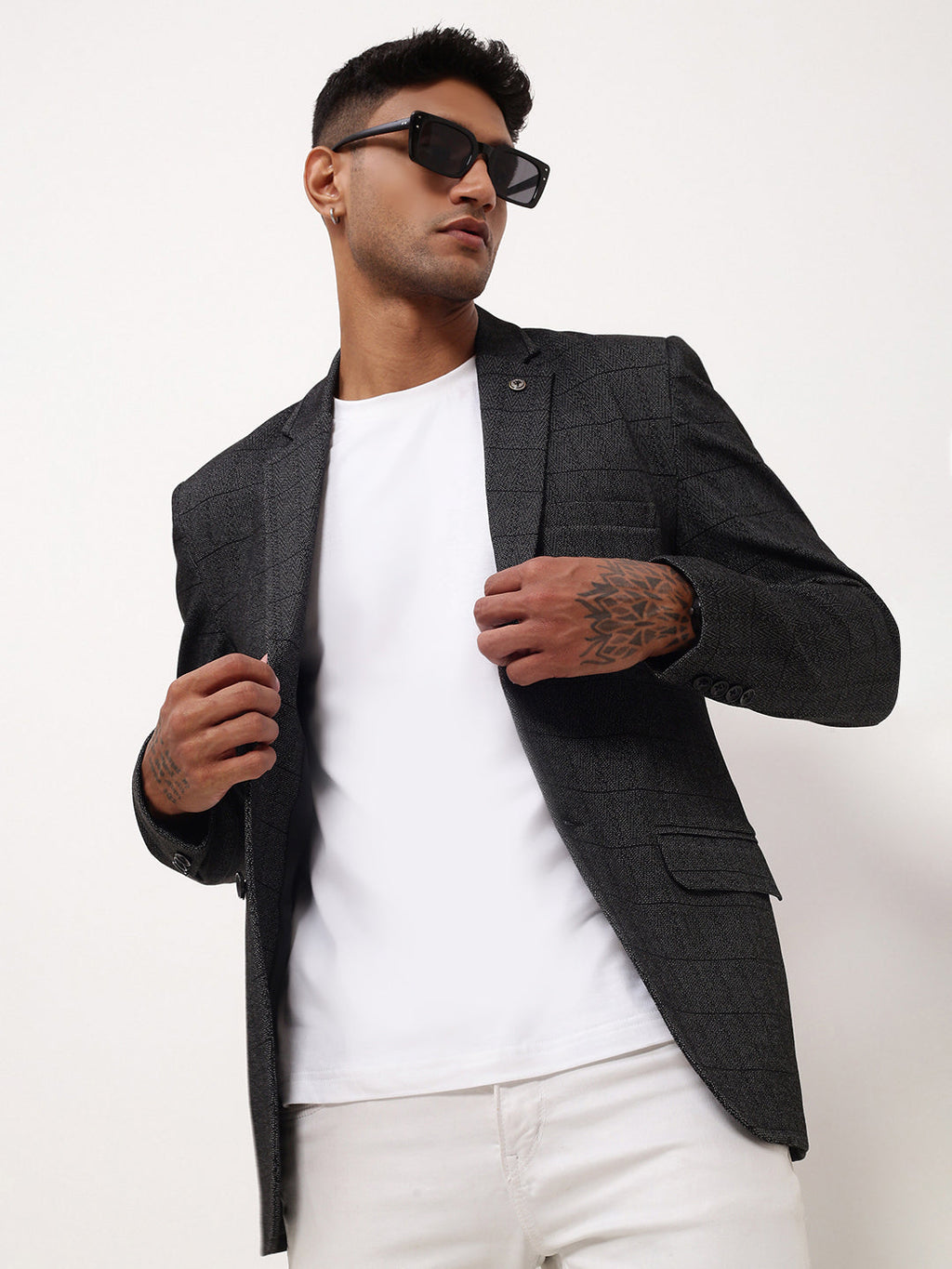 Men's Grey Checked Slim-Fit Notched Lapel Single Breasted Blazer