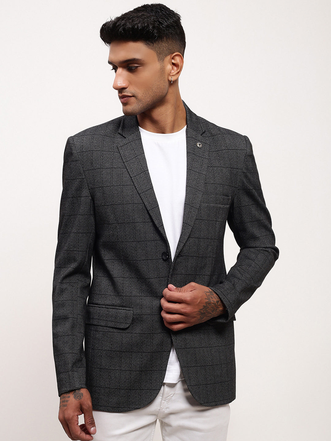 Men's Grey Checked Slim-Fit Notched Lapel Single Breasted Blazer
