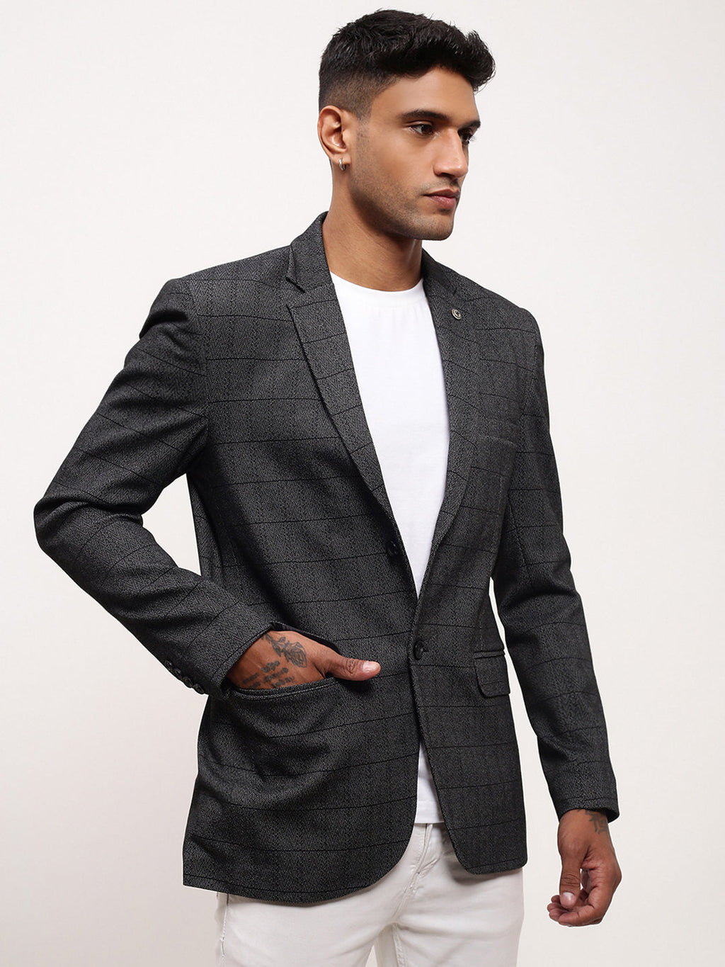 Men's Grey Checked Slim-Fit Notched Lapel Single Breasted Blazer