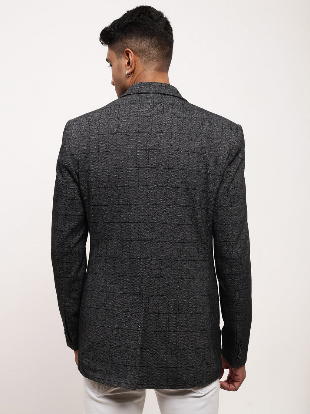 Men's Grey Checked Slim-Fit Notched Lapel Single Breasted Blazer