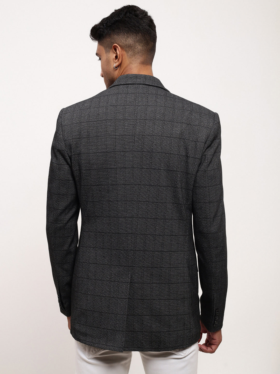 Men's Grey Checked Slim-Fit Notched Lapel Single Breasted Blazer
