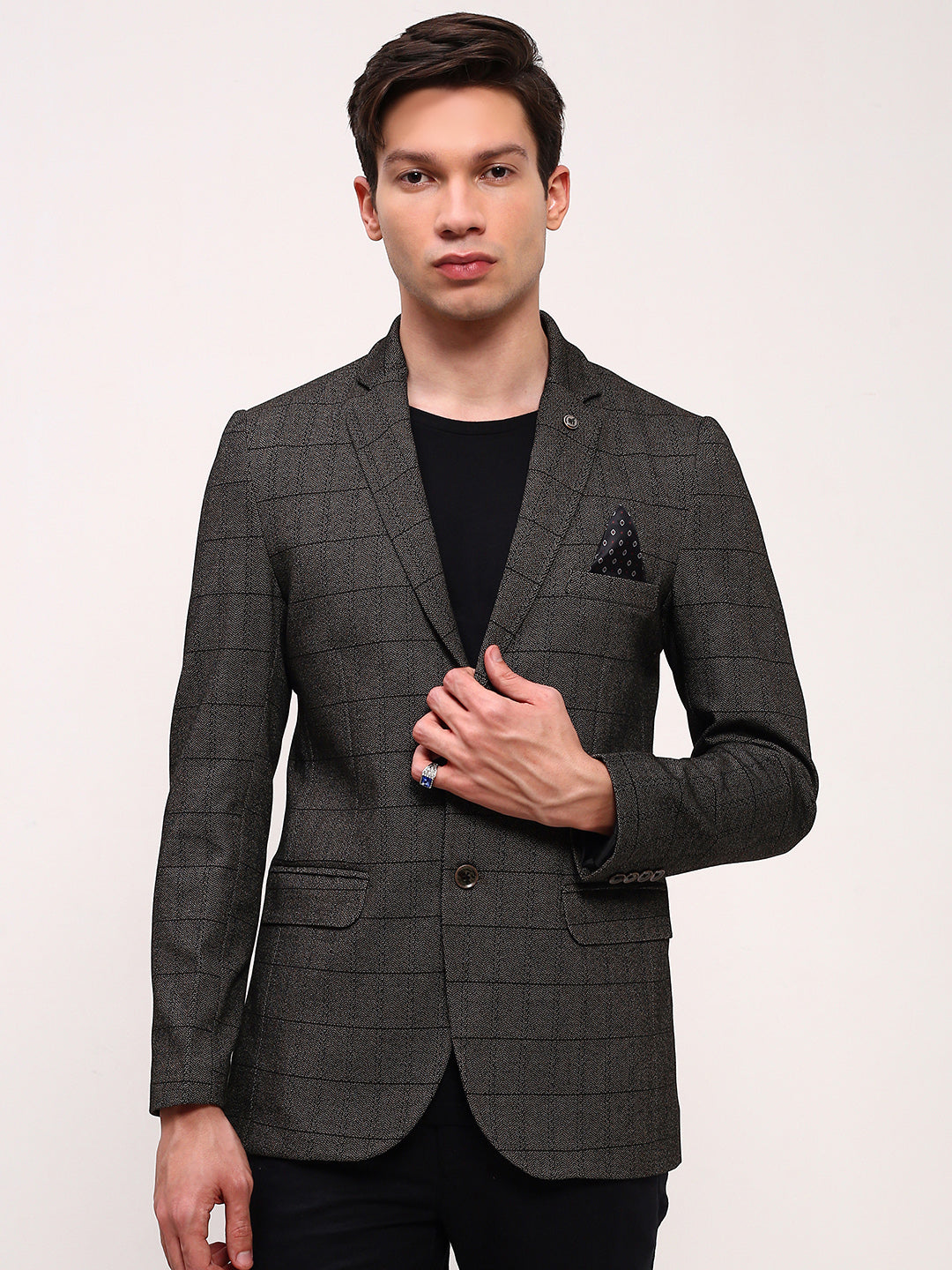 Men's Olive Checked Single Breasted Blazer