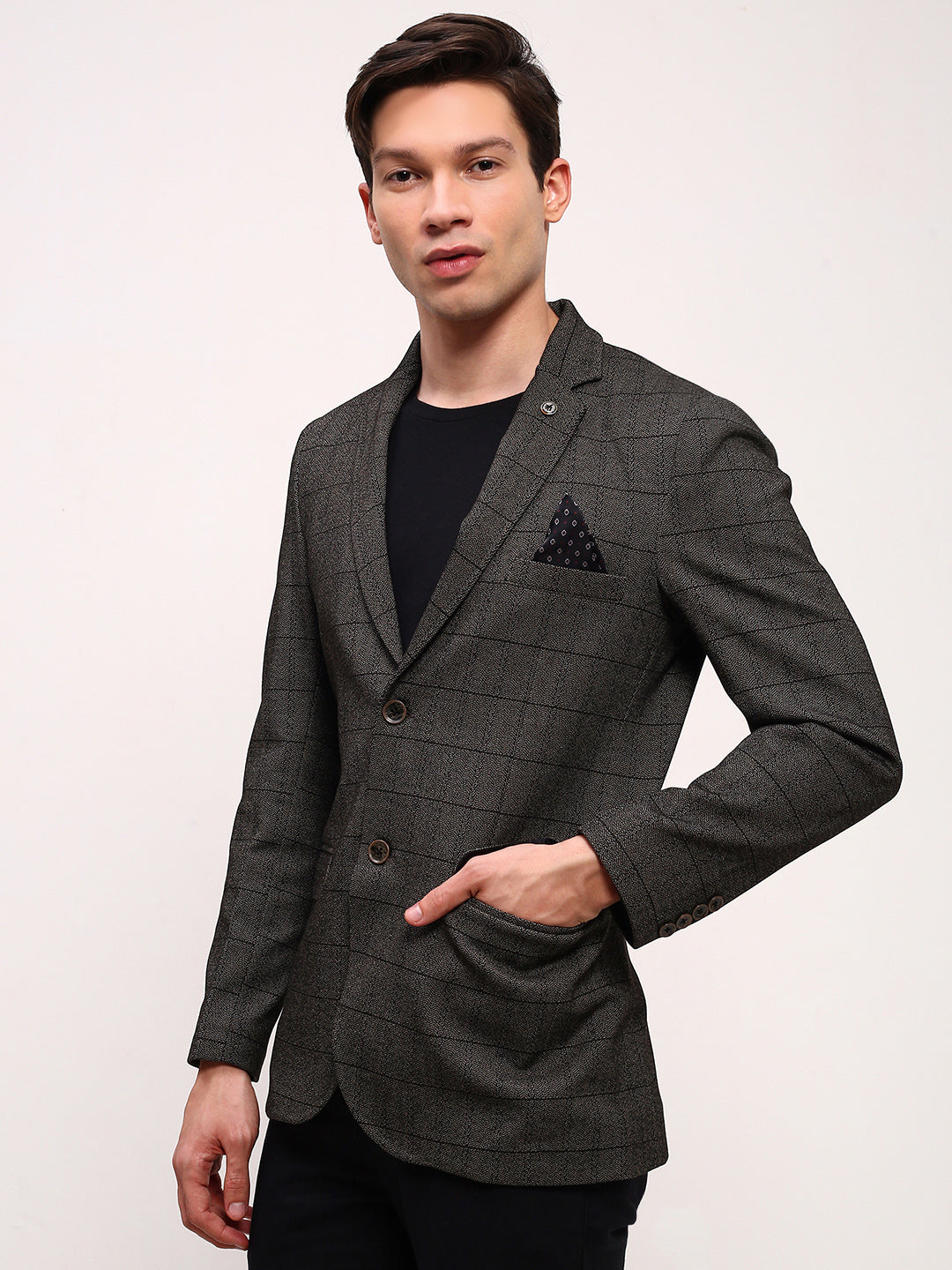 Men's Olive Checked Single Breasted Blazer
