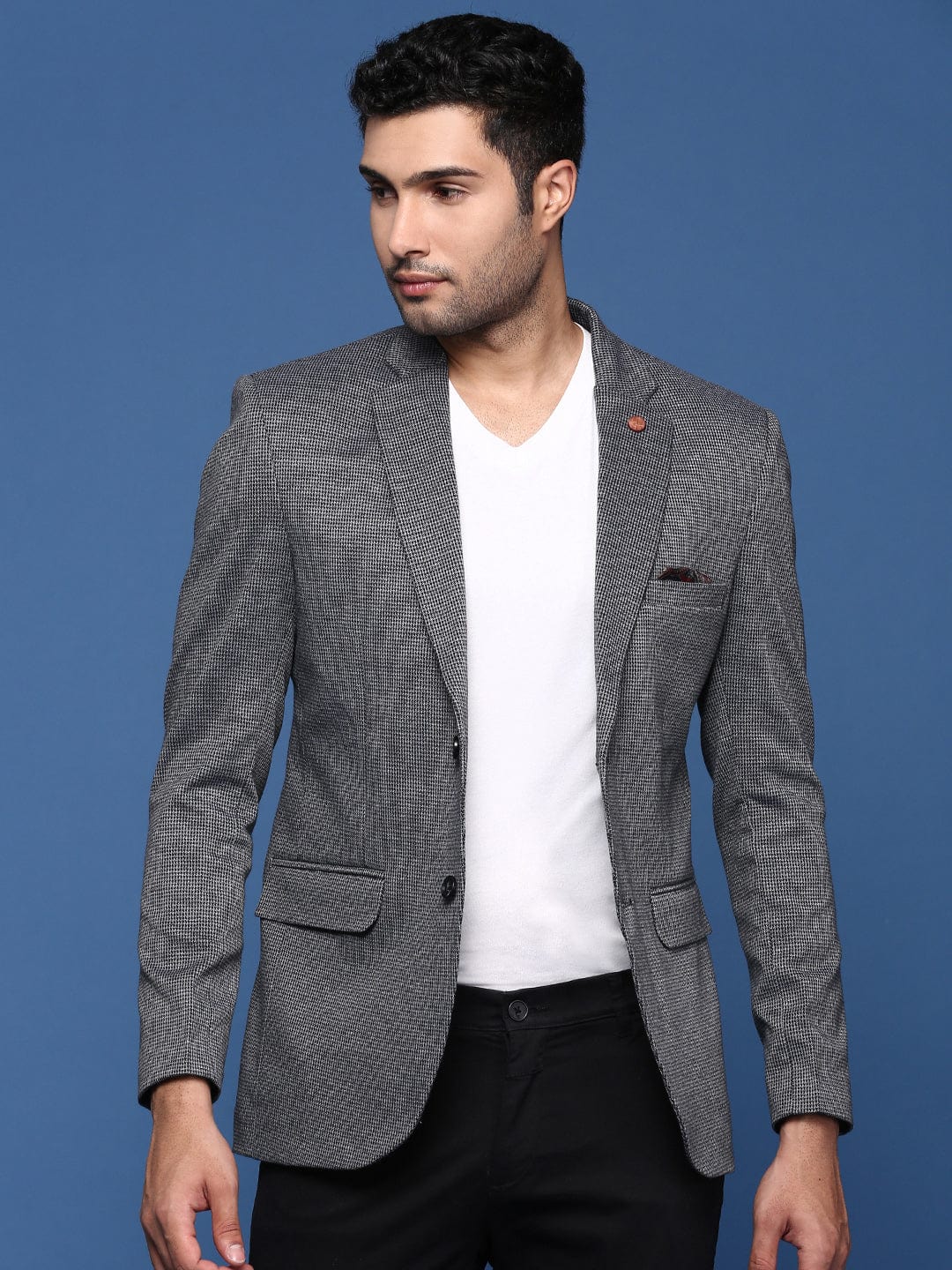 Men's Grey Checked Notched Lapel Slim Fit Single Breasted Blazer
