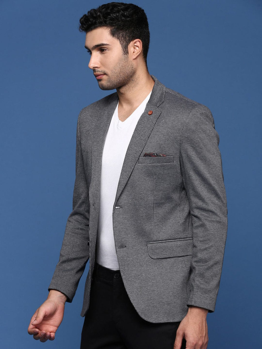 Men's Grey Checked Notched Lapel Slim Fit Single Breasted Blazer