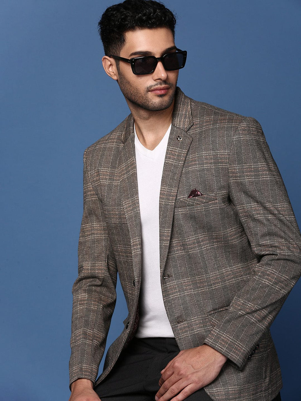 Men's Grey Slim Fit Checked Notched Lapel Single Breasted Blazer