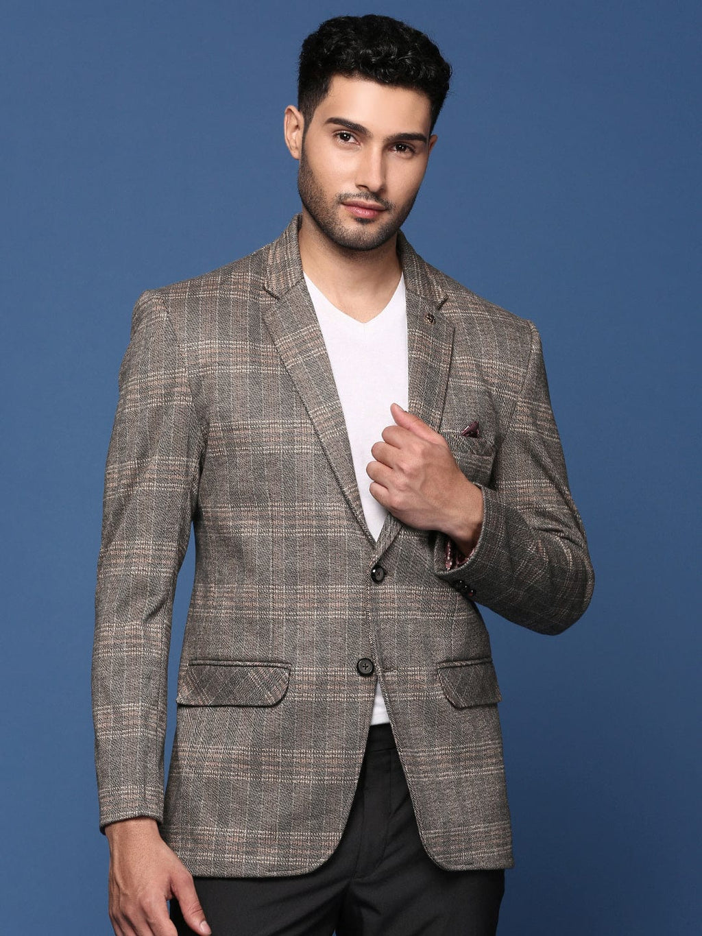 Men's Grey Slim Fit Checked Notched Lapel Single Breasted Blazer