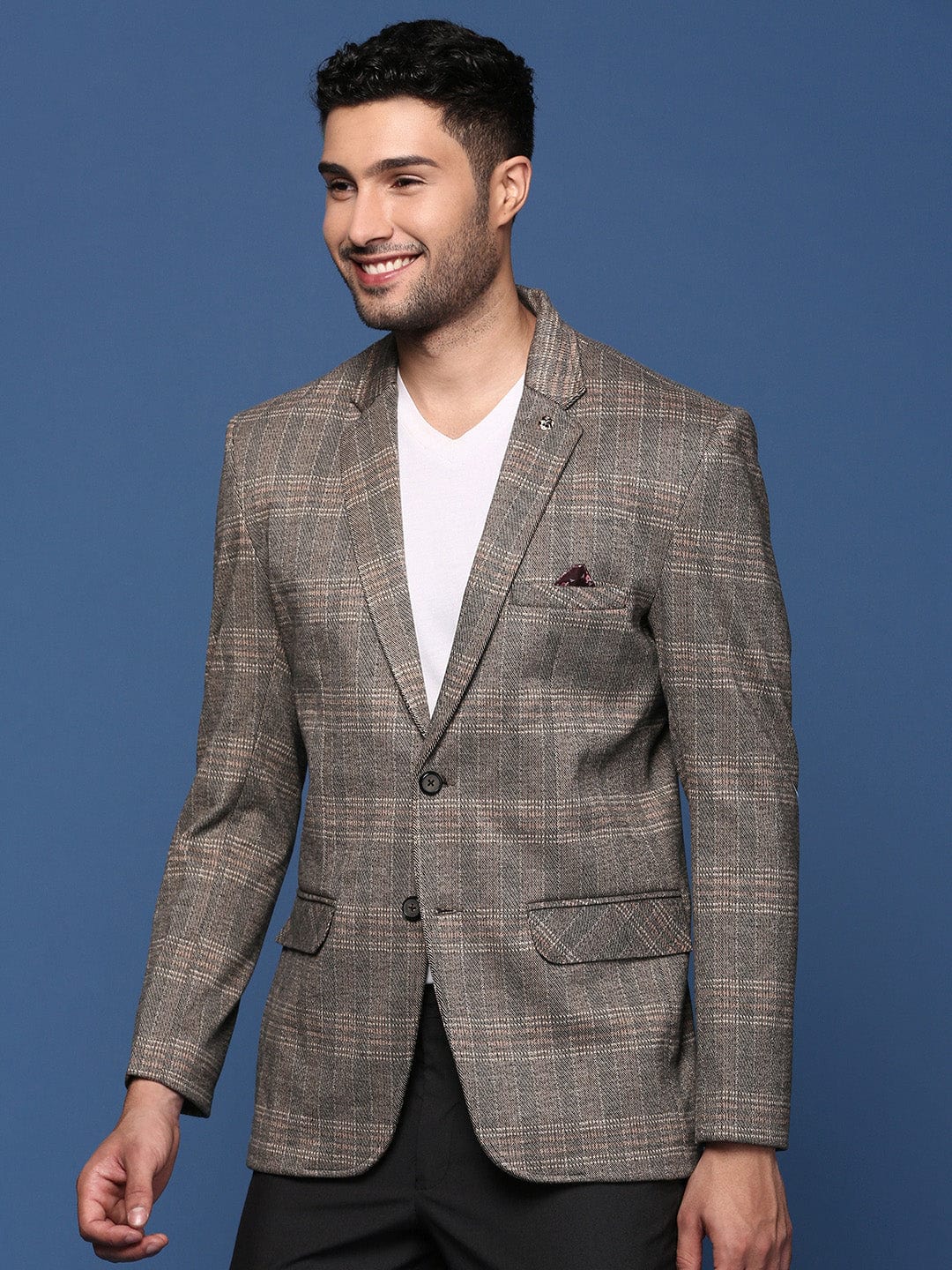 Men's Grey Slim Fit Checked Notched Lapel Single Breasted Blazer