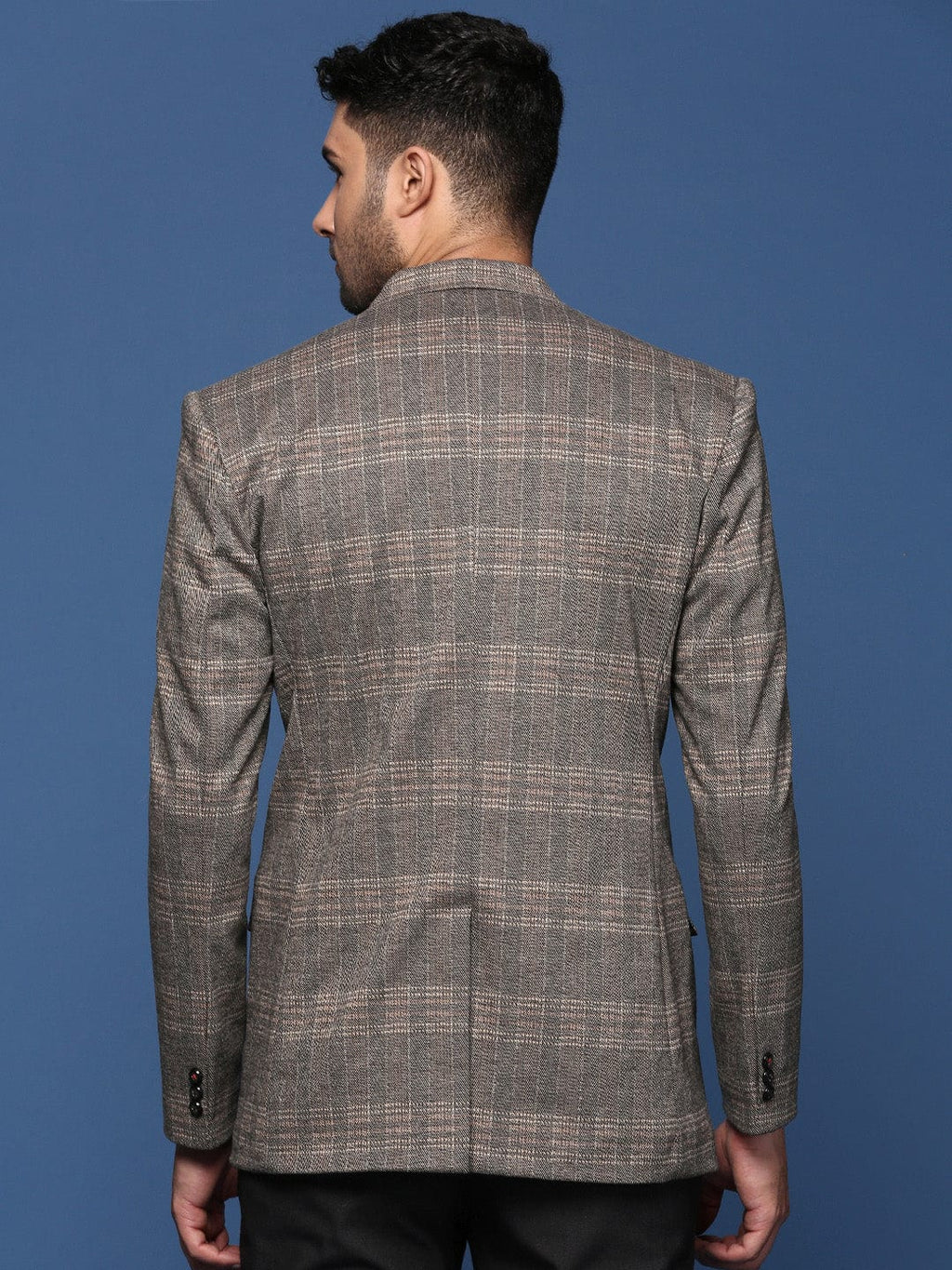 Men's Grey Slim Fit Checked Notched Lapel Single Breasted Blazer