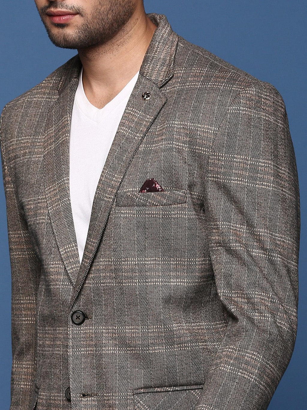 Men's Grey Slim Fit Checked Notched Lapel Single Breasted Blazer