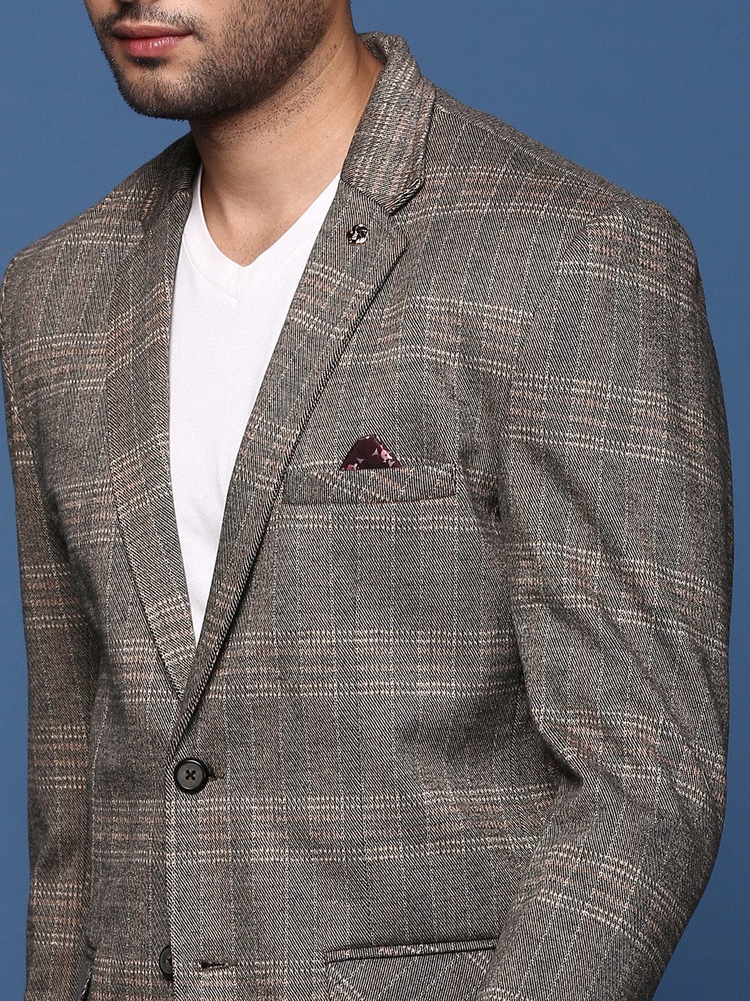 Men's Grey Slim Fit Checked Notched Lapel Single Breasted Blazer