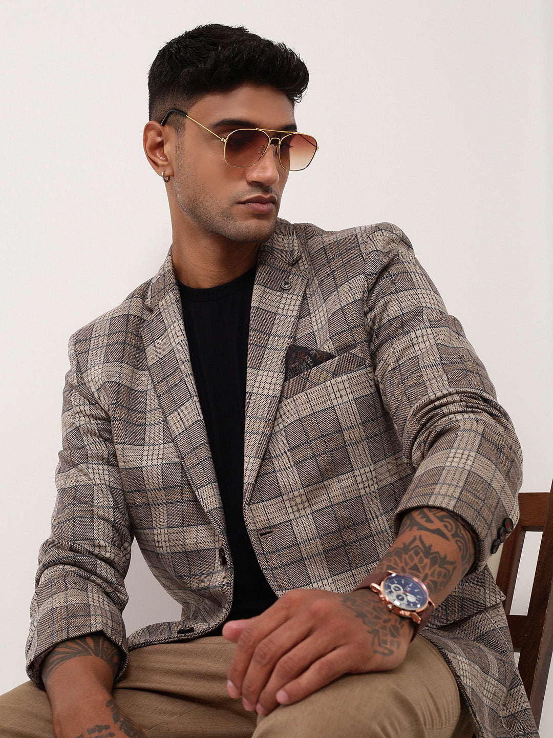 Men's Grey Checked Notched Lapel Single Breasted Slim-Fit Blazer