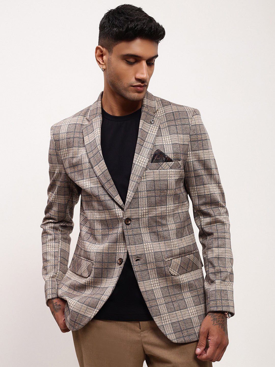 Men's Grey Checked Notched Lapel Single Breasted Slim-Fit Blazer