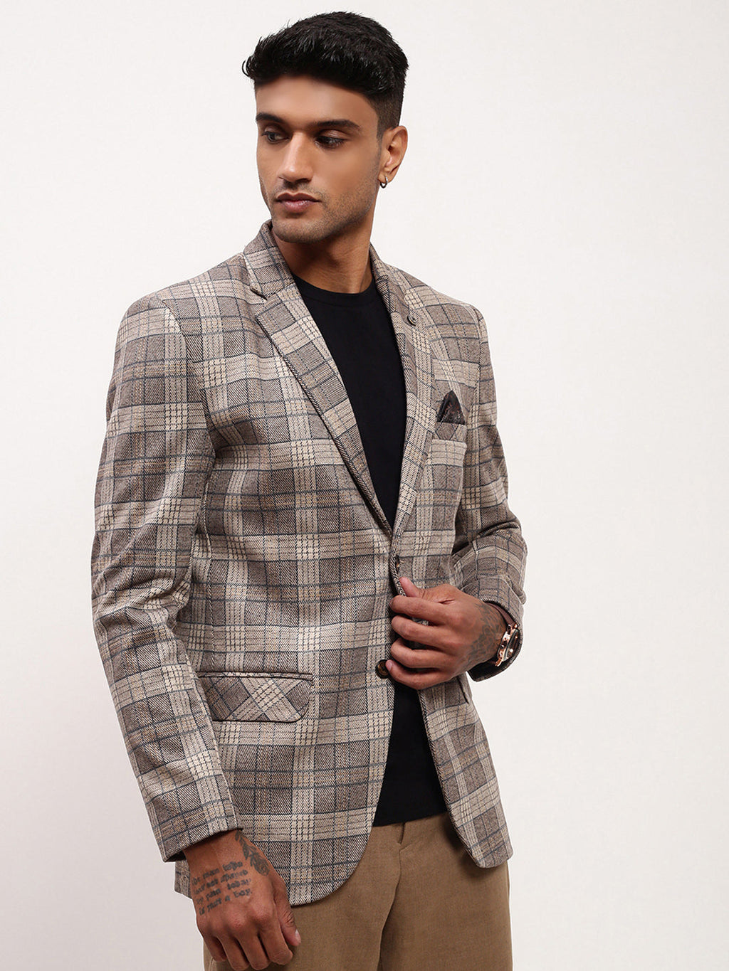 Men's Grey Checked Notched Lapel Single Breasted Slim-Fit Blazer