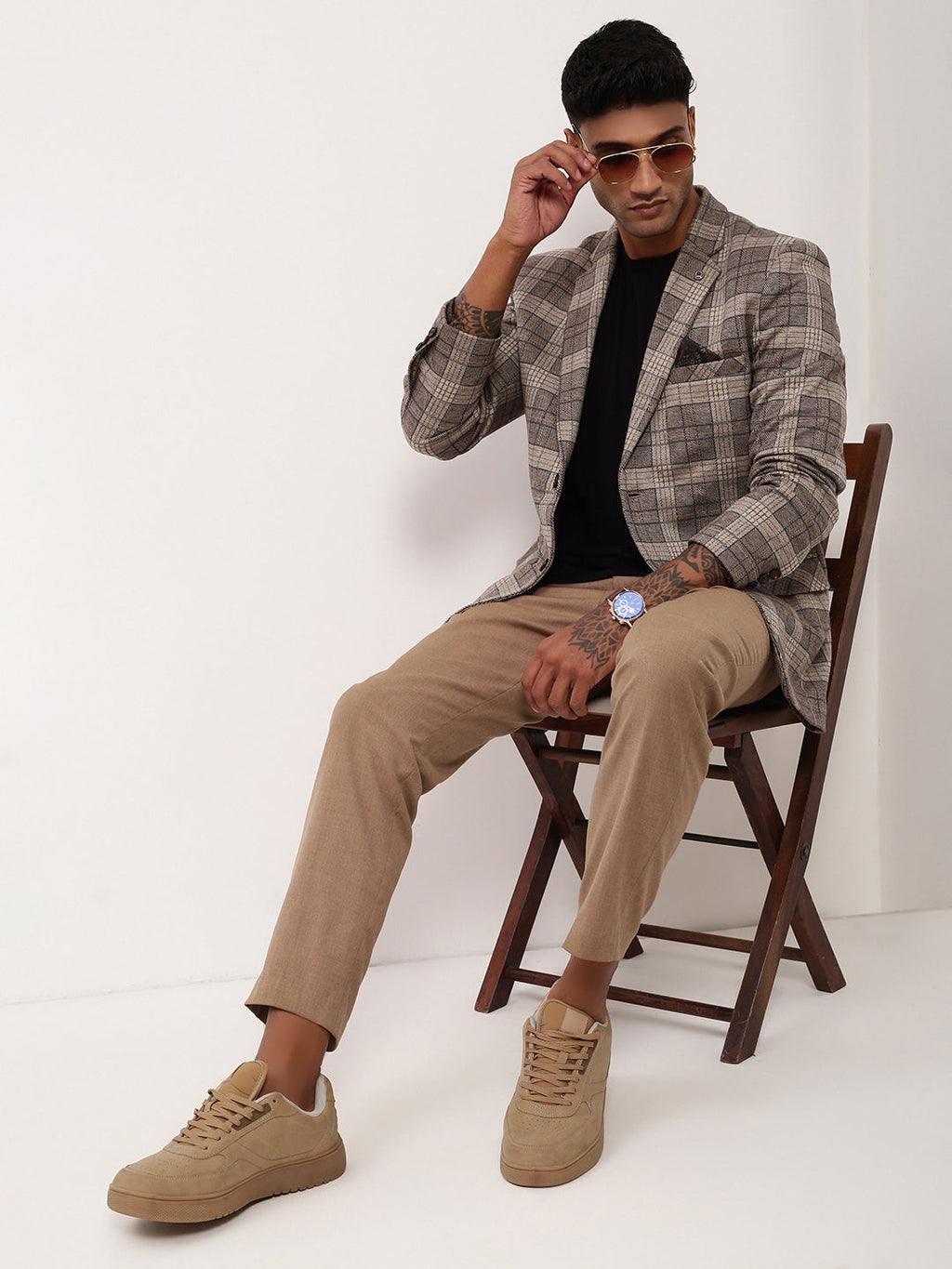 Men's Grey Checked Notched Lapel Single Breasted Slim-Fit Blazer