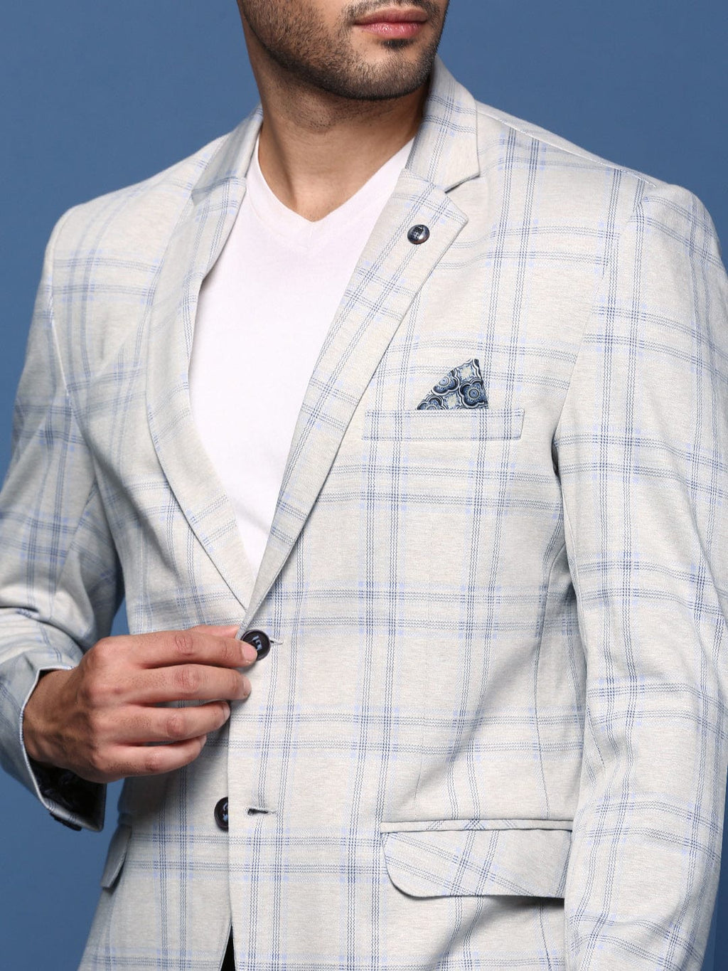 Men's Grey Slim Fit Self Designed Single Breasted Blazer
