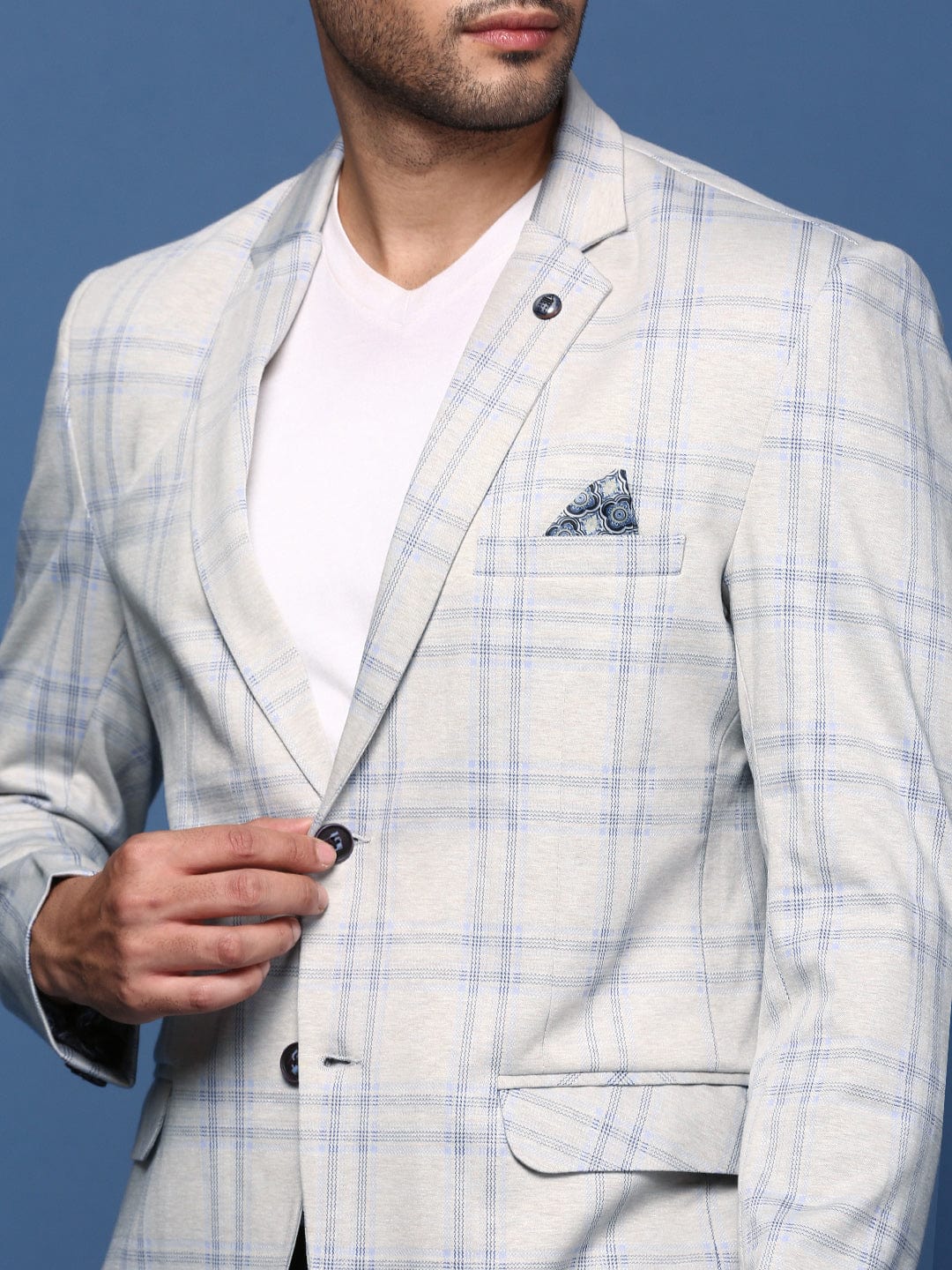 Men's Grey Slim Fit Self Designed Single Breasted Blazer