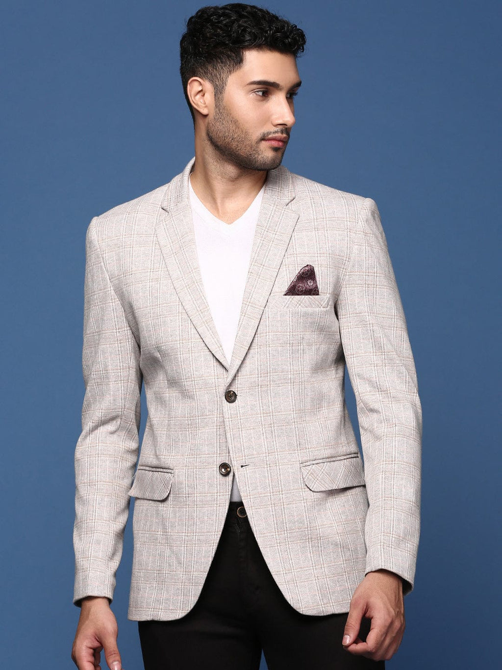 Men's Grey Self Designed Slim Fit Single Breasted Blazer