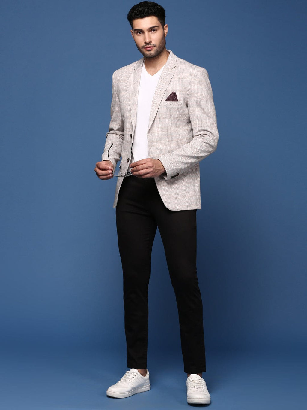 Men's Grey Self Designed Slim Fit Single Breasted Blazer