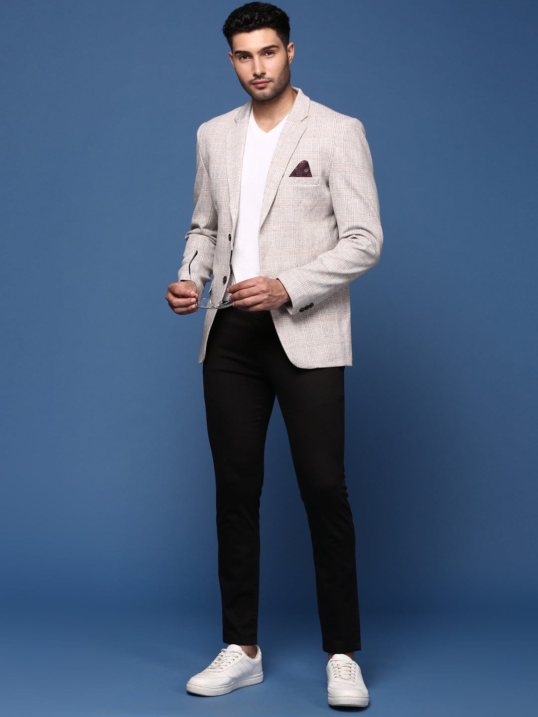 Men's Grey Self Designed Slim Fit Single Breasted Blazer