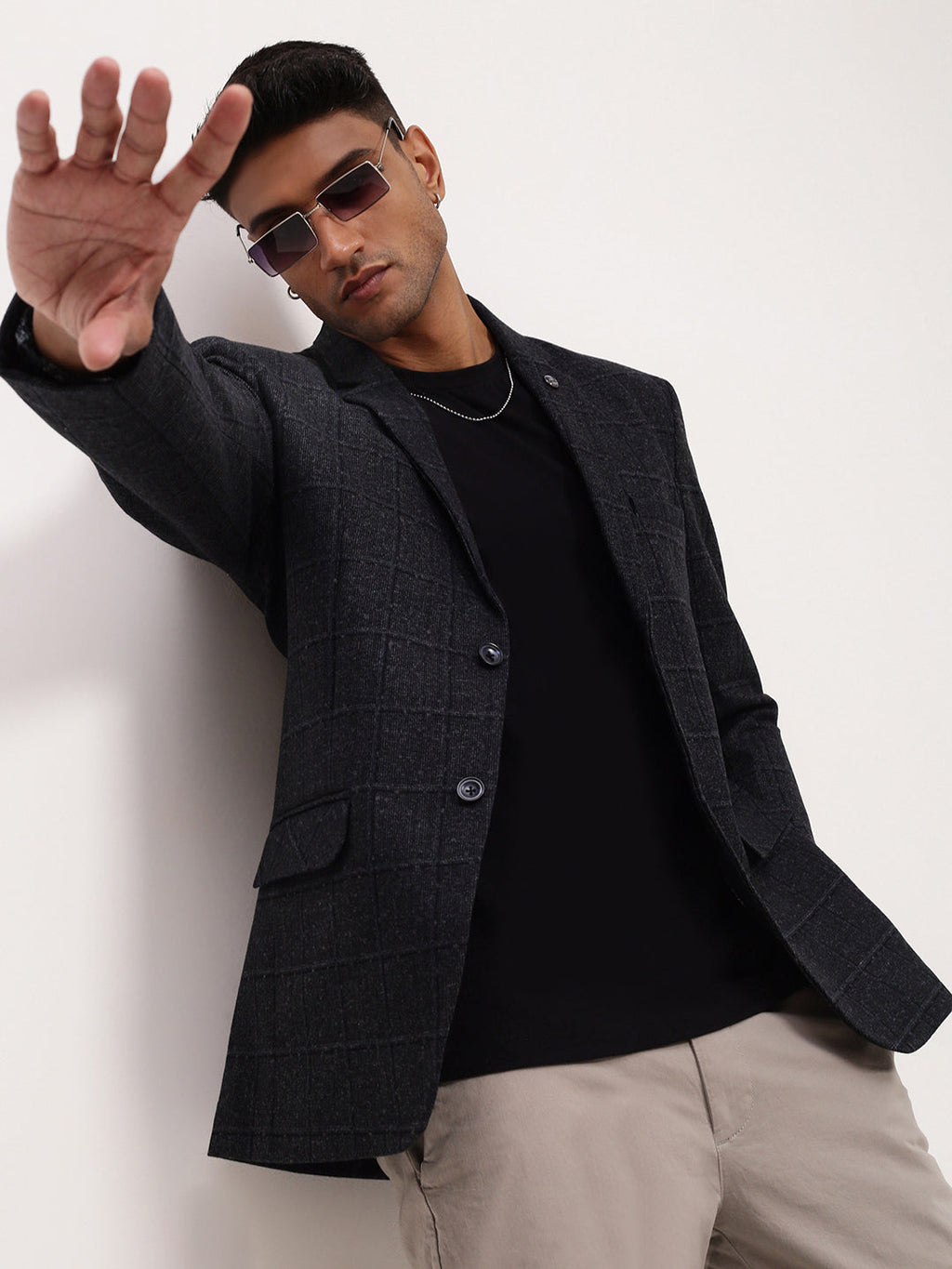 Men's Black Checked Single Breasted Blazer