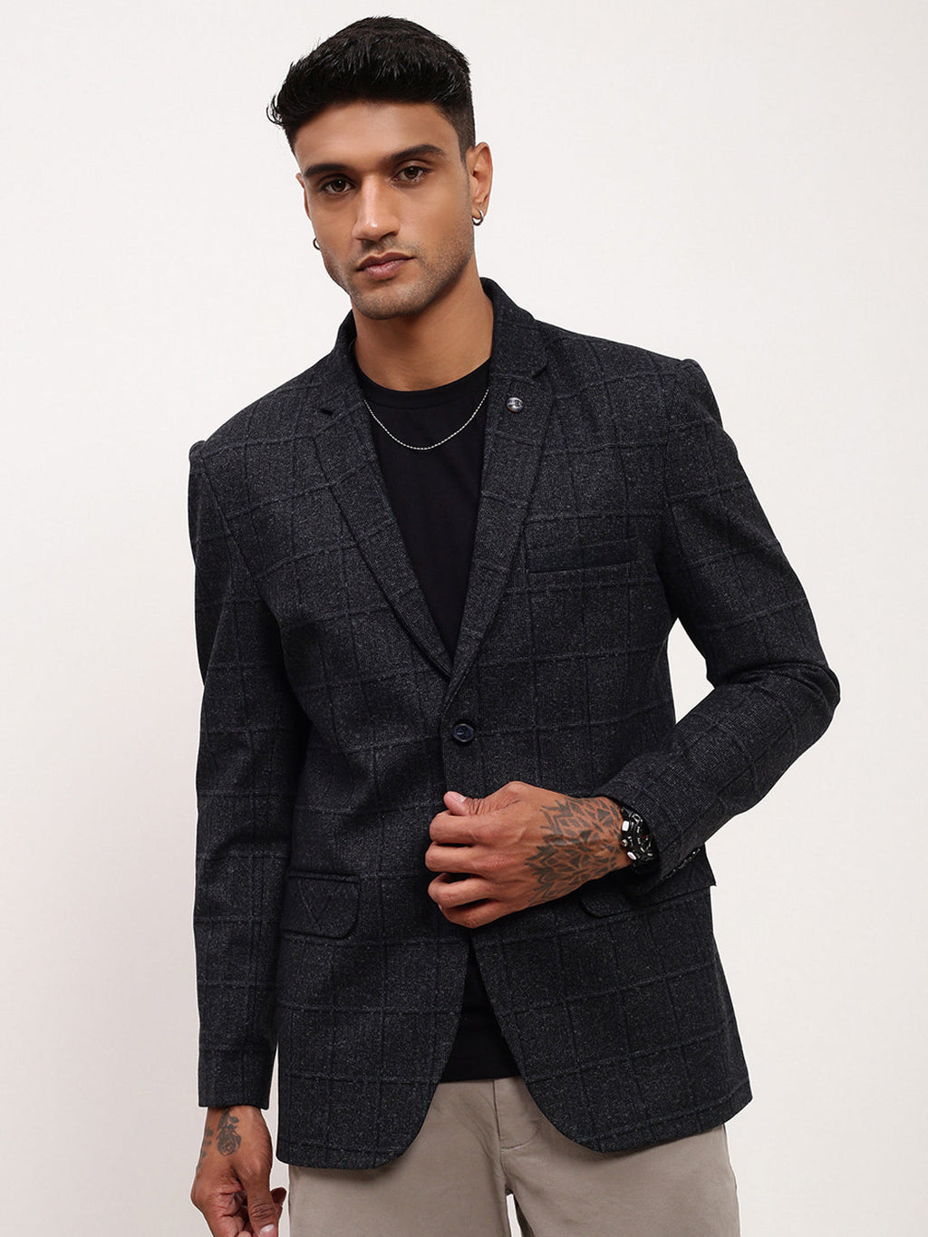 Men's Black Checked Single Breasted Blazer