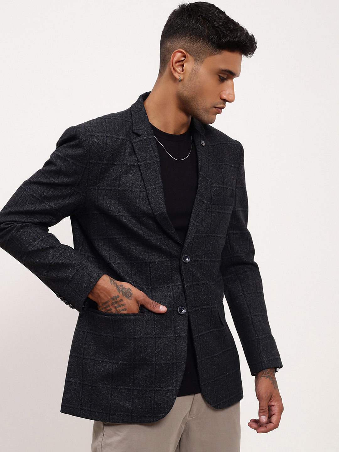 Men's Black Checked Single Breasted Blazer