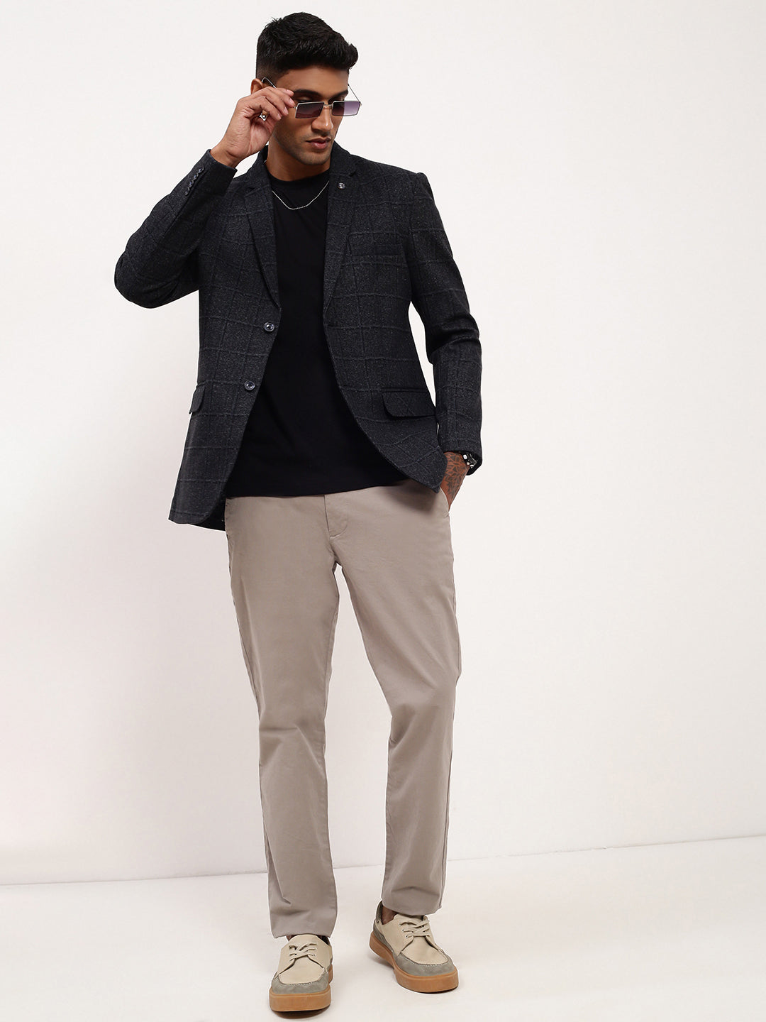 Men's Black Checked Single Breasted Blazer