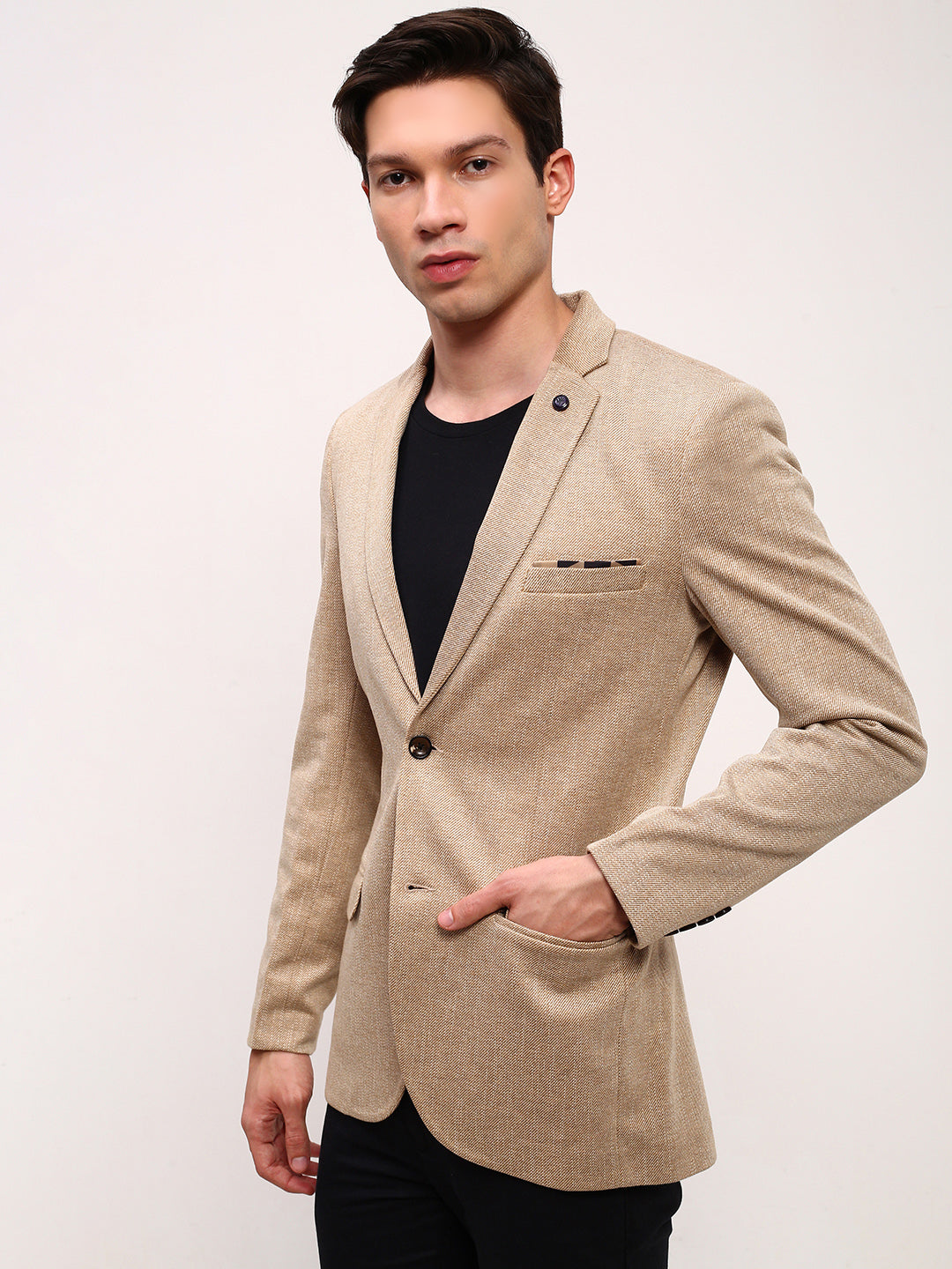 Men's Brown Self Design Solid Single Breasted Blazer
