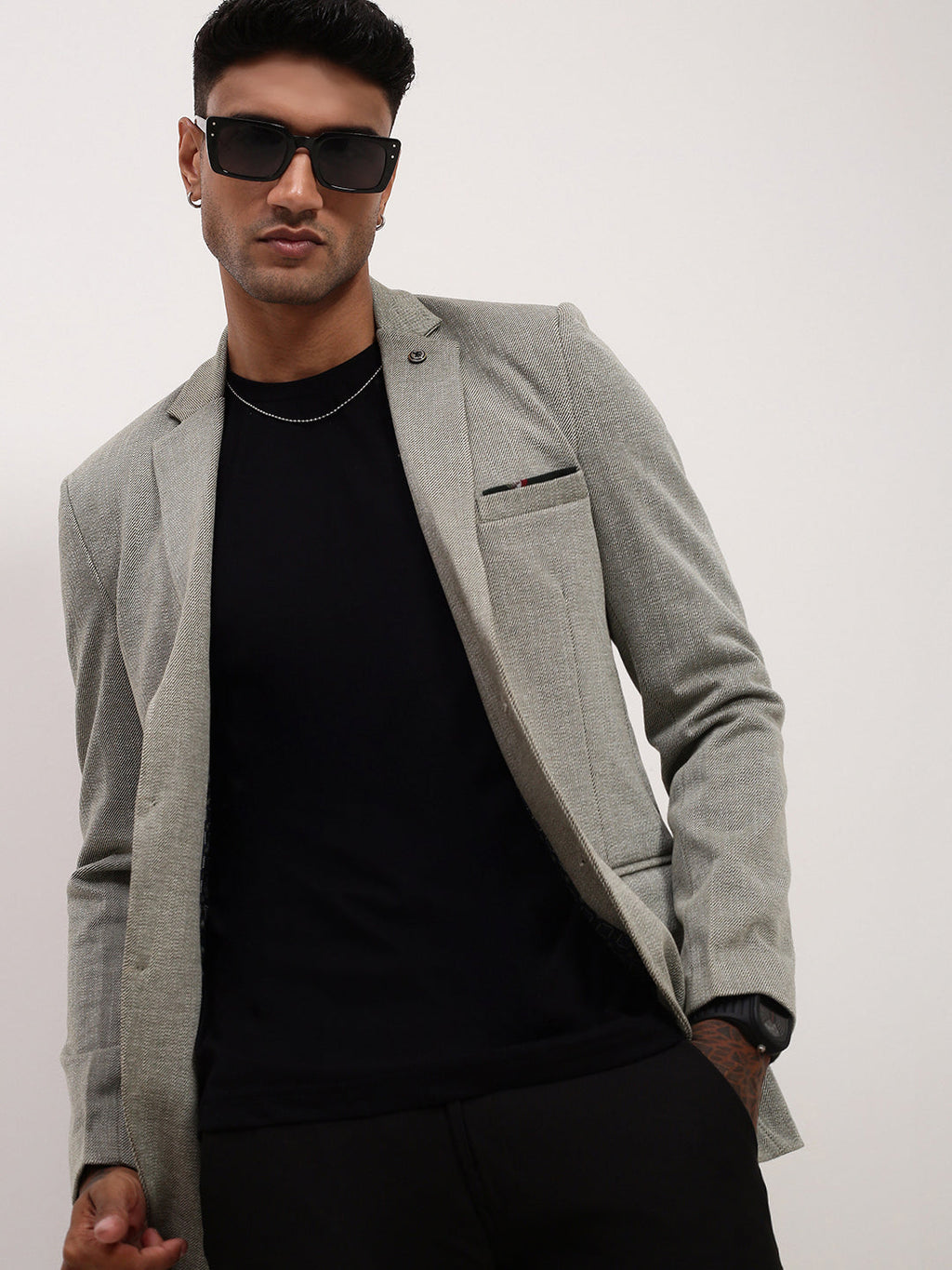 Men's Grey Self Design Single-Breasted Slim Fit Cotton Blazer