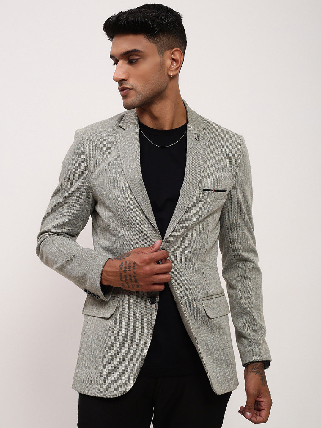 Men's Grey Self Design Single-Breasted Slim Fit Cotton Blazer