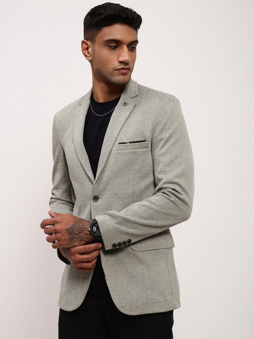 Men's Grey Self Design Single-Breasted Slim Fit Cotton Blazer