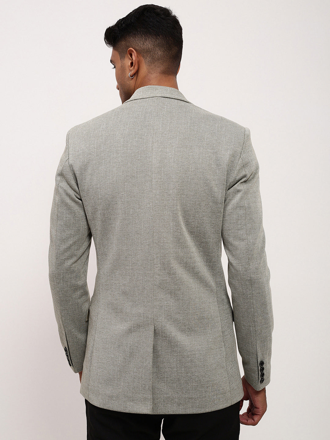 Men's Grey Self Design Single-Breasted Slim Fit Cotton Blazer
