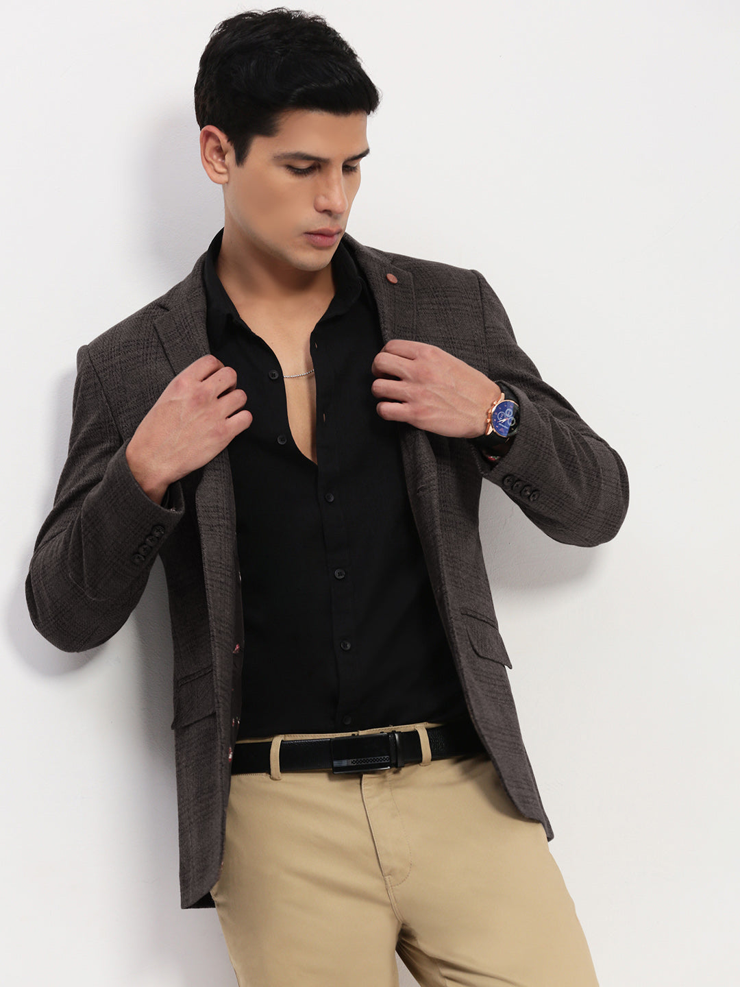 Men's Black Checked Single Breasted Blazer