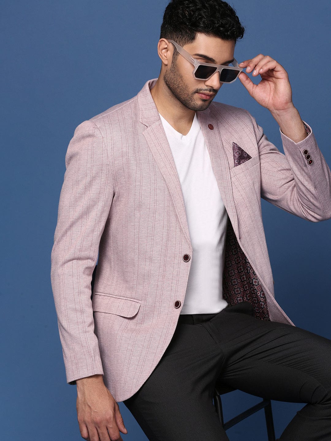 Men's Peach Striped Slim-Fit Cotton Single-Breasted Blazer