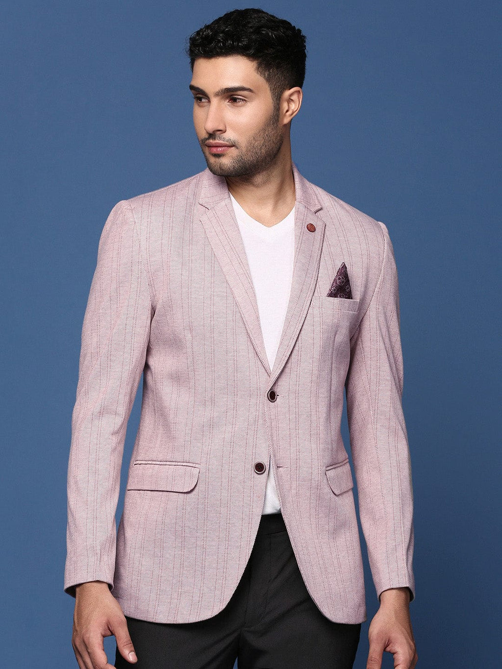 Men's Peach Striped Slim-Fit Cotton Single-Breasted Blazer