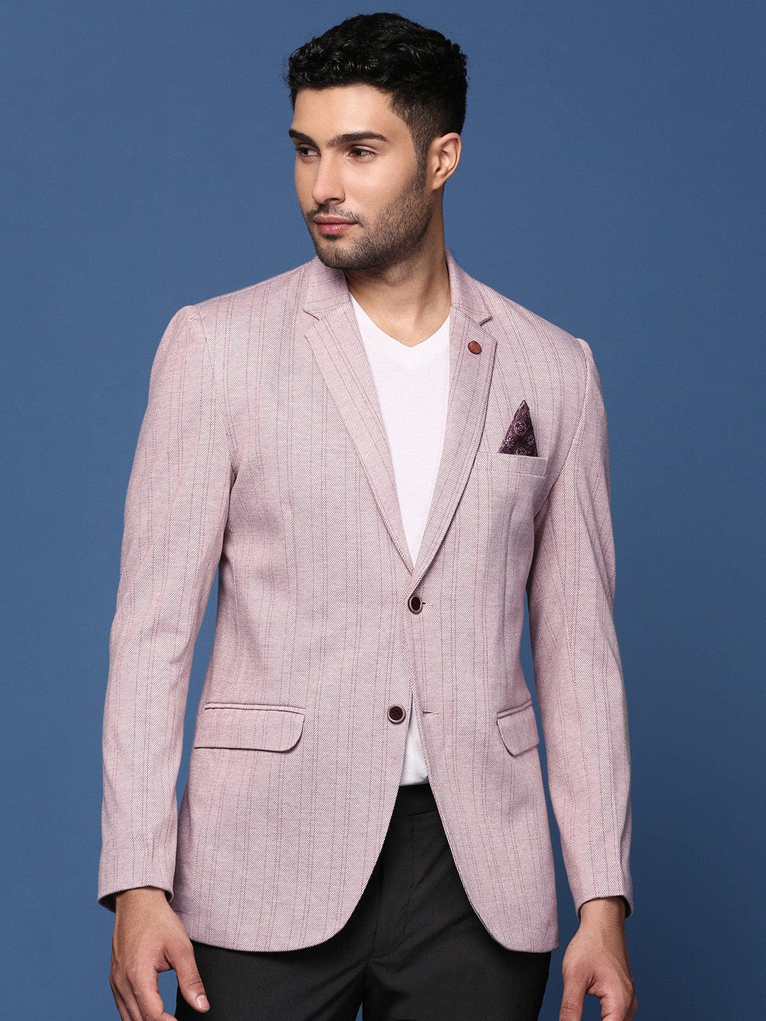 Men's Peach Striped Slim-Fit Cotton Single-Breasted Blazer