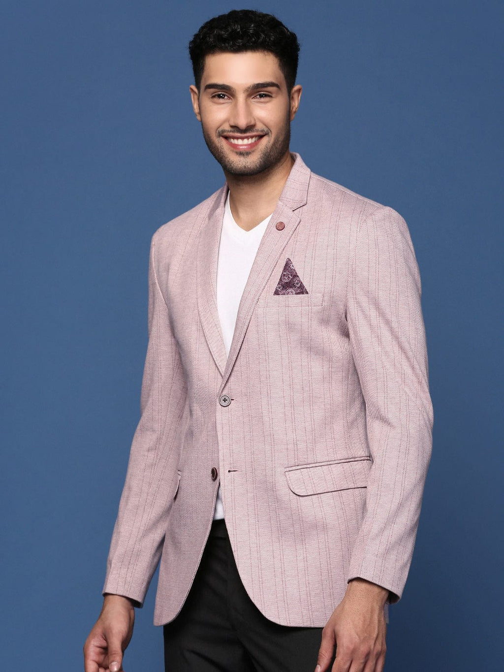 Men's Peach Striped Slim-Fit Cotton Single-Breasted Blazer