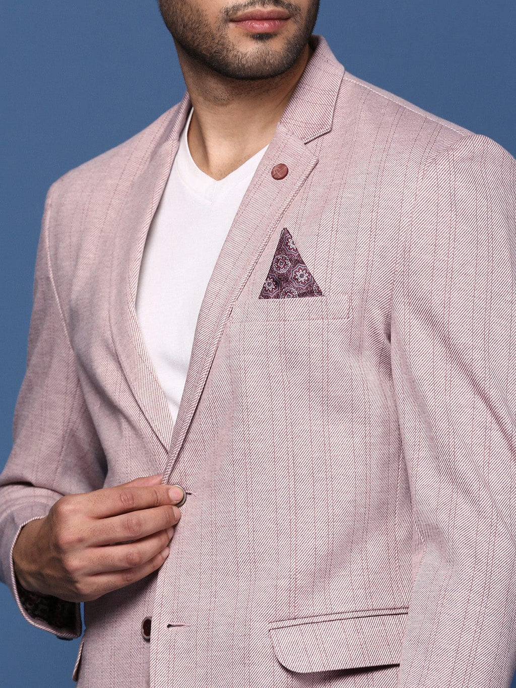 Men's Peach Striped Slim-Fit Cotton Single-Breasted Blazer