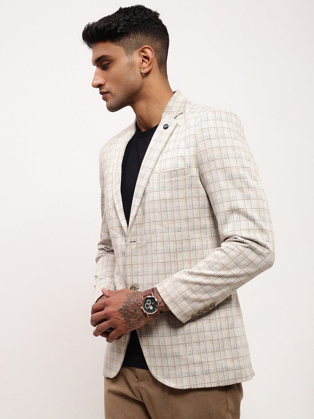 Men's Cream Checked Single Breasted Blazer