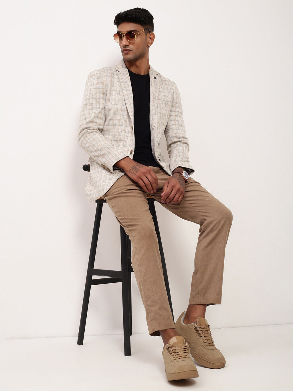 Men's Cream Checked Single Breasted Blazer